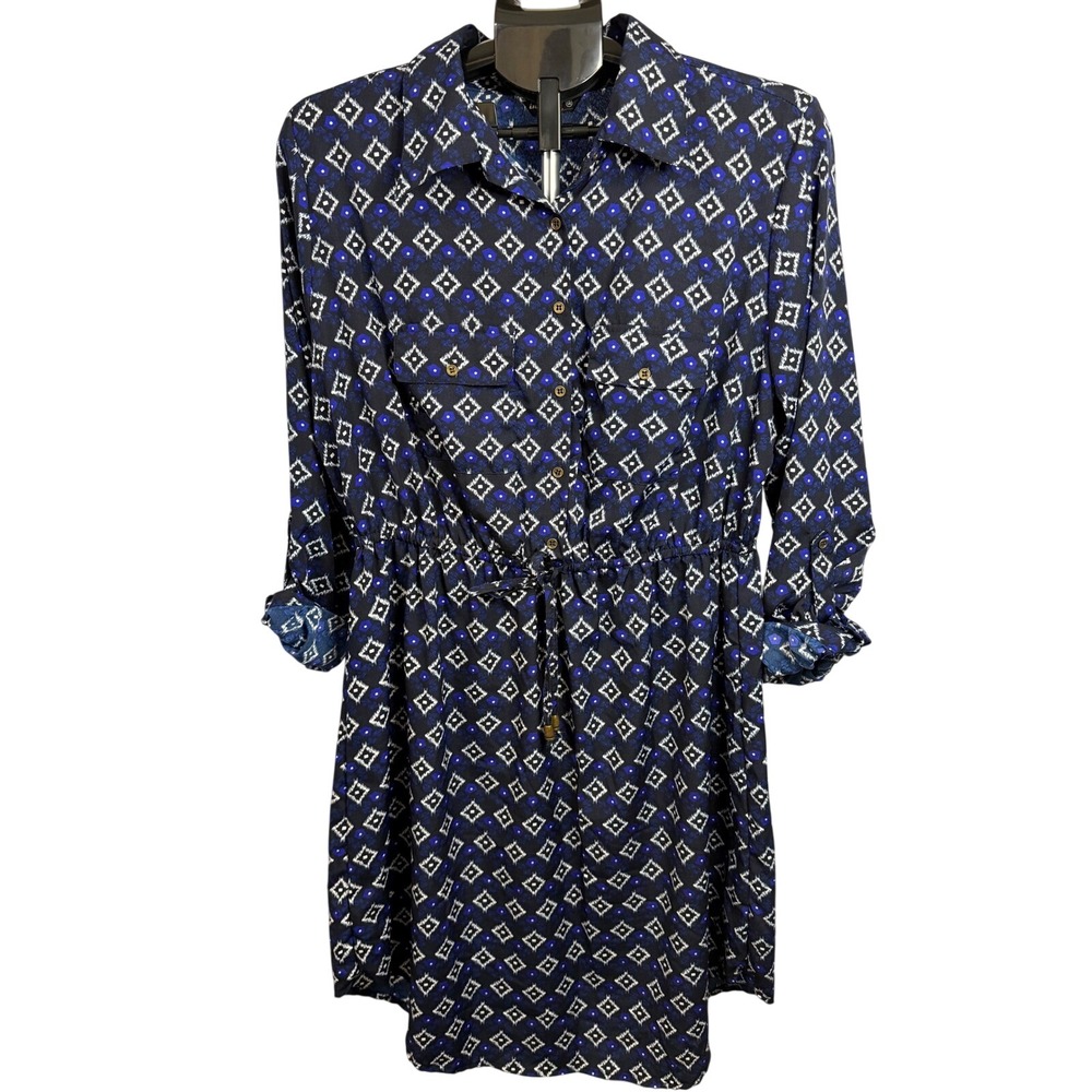 Indulge in Style Wms 1X Blue Ikat Print Button Front Shirt Dress Roll Tab Sleeve